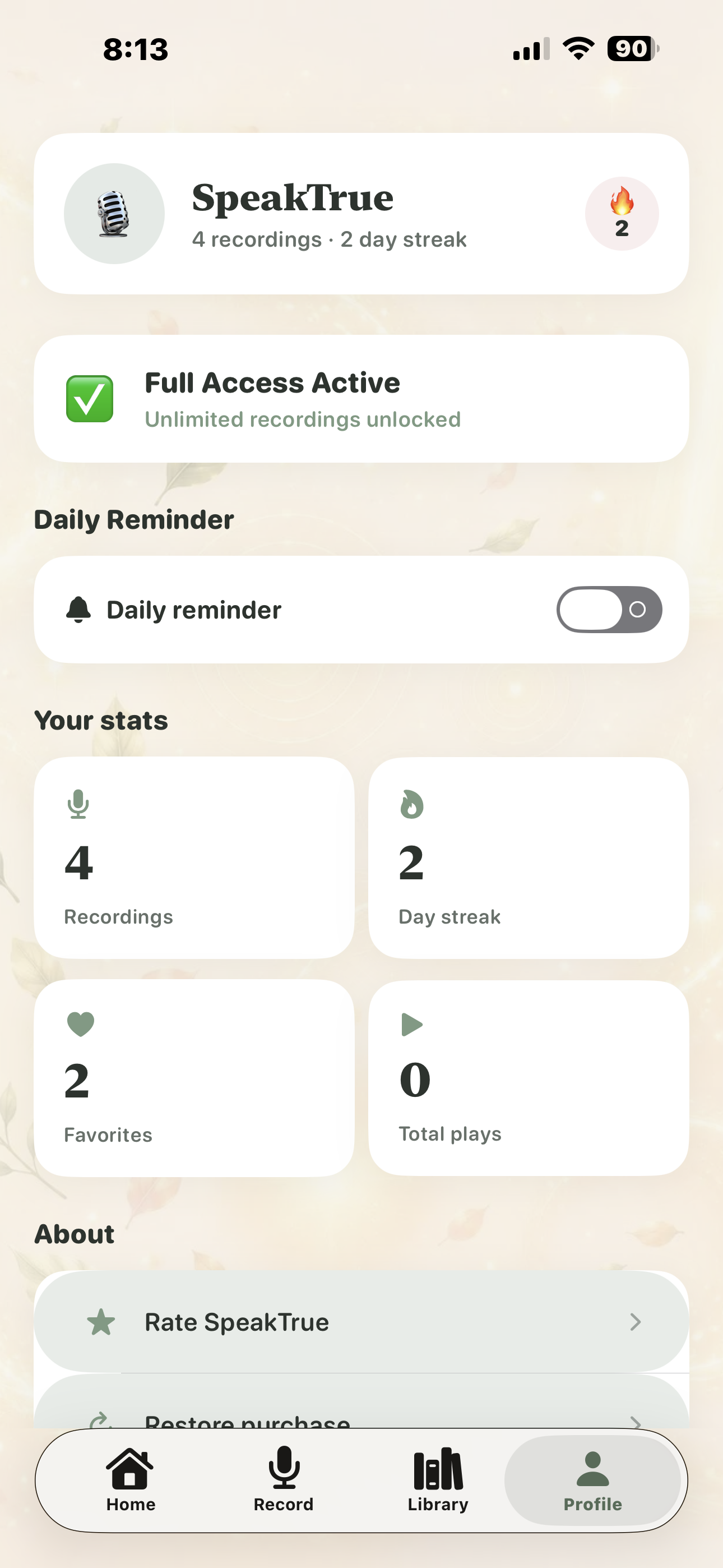 The profile screen showing recordings, streak, favourites and the daily reminder setting.